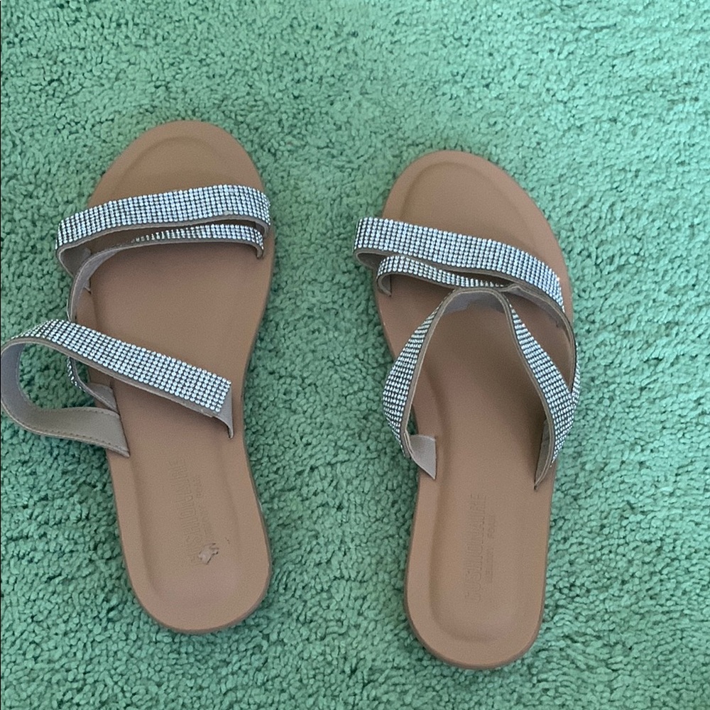 Women's tan and silver Cushionaire memory foam sandals